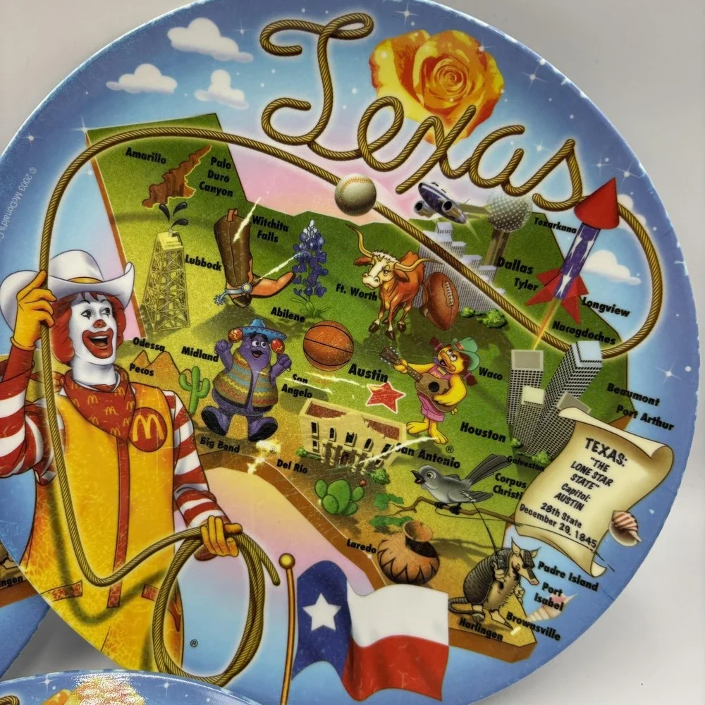 Vintage 2003 McDonald's Texas Map Ronald McDonald Colorful Plastic Plates Set 3‎